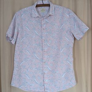 M&S Men's Linen Cotton Short Sleeve Button-Up Shirt Hawaiian Pink Floral Leaf S